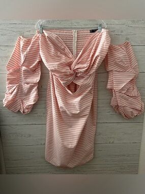 Striped Pink Off-Shoulder Ruffle Sleeve Dress